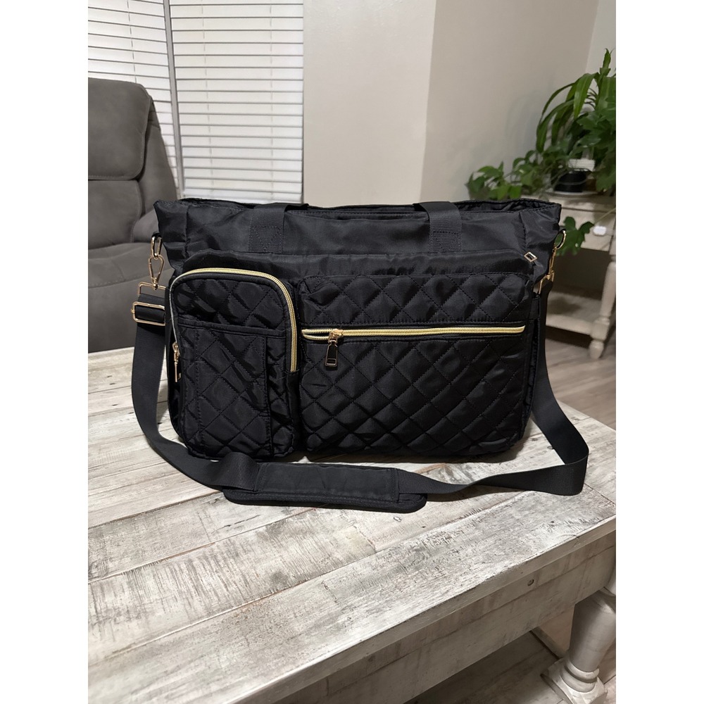 Black Quilted Nylon Laptop Tote Bag Gold Hardware Crossbody Travel Work Bag